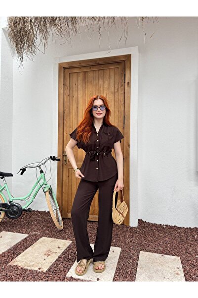 DONNA LISSA Women's Linen Premium Bitter Brown Suit with Waist Belt and Pockets