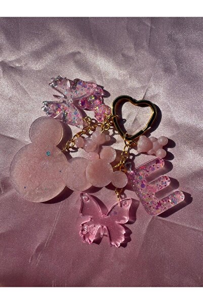 meloradesign E Harfi Mickey Pembe Pink Mouse Epoksi Kalp Gold Anahtarlık
