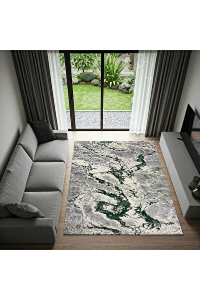 SELECT Μοντέρνο Χαλί Μαρμάρινο Γκρι Λευκό Δίχρωμο με Τυρκουάζ Αντιολισθητικό