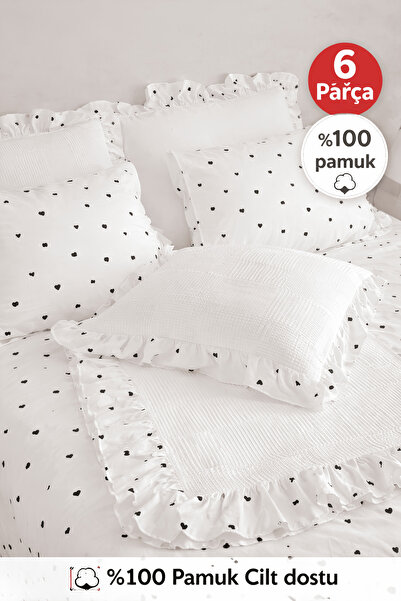 GÖRMEZ TEKSTİL 100% Βαμβακερό Σετ με βολάν 6 τεμαχίων - ΜΑΥΡΟ - Σετ Πικέ Διπλ...