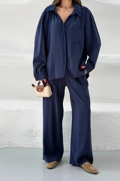 Lusin Γυναικείο Σετ Παντελόνι και Πουκάμισο από Ύφασμα Tencel σε Σκούρο Μπλε,...