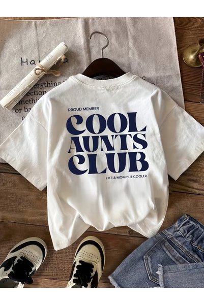 AEMİ Unisex Cool Aunts Club Printed Oversize Crew Neck T-Shirt