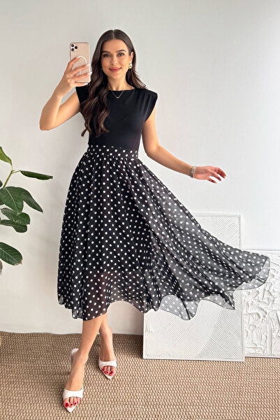 Noa&Noa Γυναικείο φόρεμα πουά – Φόρεμα μίντι με φούστα από σιφόν και επενδυμέ...