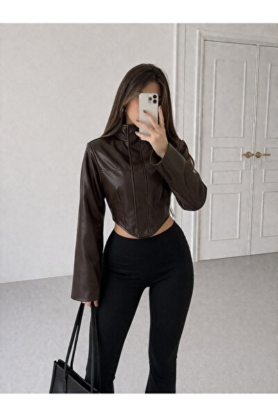 Ekim Store Μπουφάν με κορσέ που τονίζει τη μέση Κοντό Δερμάτινο