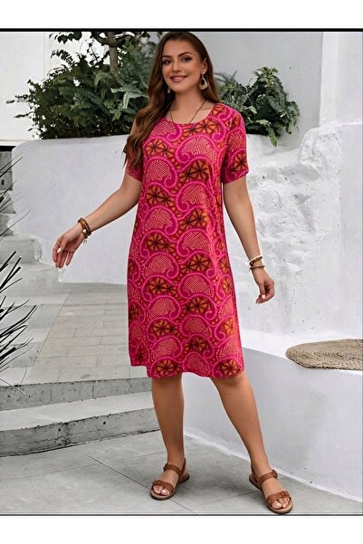 charango Women's Short Sleeved Crewneck Ethnic Plus Size Dress