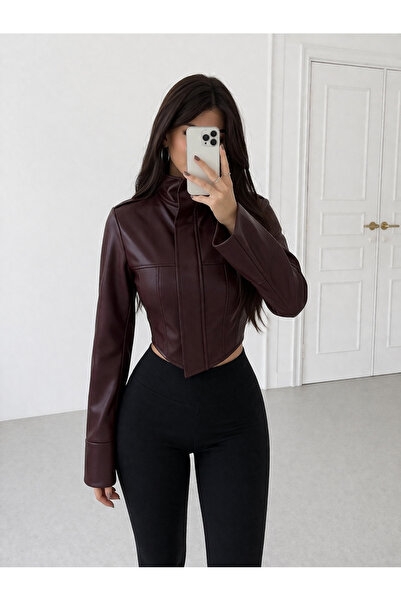 Ekim Store Μπουφάν με κορσέ που τονίζει τη μέση Κοντό Δερμάτινο