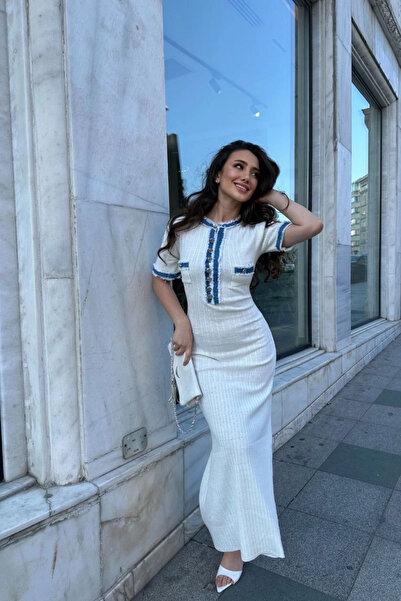 URİS Γυναικείο Εκρού Κομψό Τζιν Φόρεμα με Λεπτομέρειες και Κουμπιά (S/M)