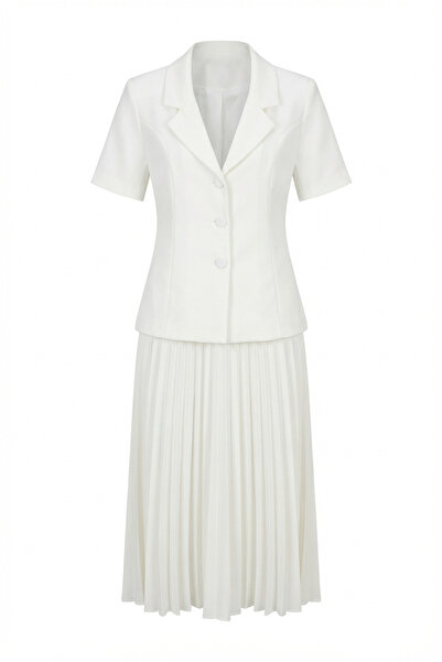HAZELANNA Short Sleeve White Jacket-Skirt Set