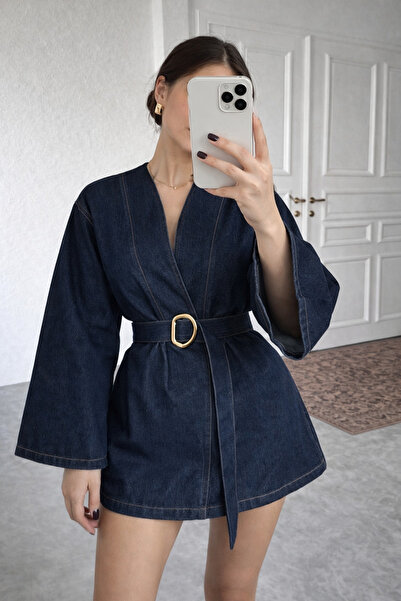 Ekim Store Μπουφάν τζιν σε μεγάλο μέγεθος σε μπλε ναυτικό στυλ με ζώνη και σχ...