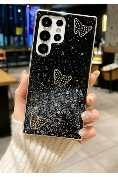 Rivor Samsung Galaxy S26 Ultra Kılıf Kamera Çıkıntılı Simli Kelebek Kabartmal...