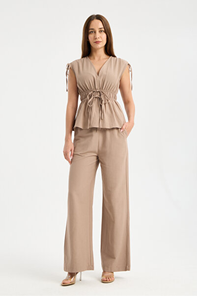 jöns since 1997 Women's Shoulder and Waist Tied Linen Blouse-Pants Two-Piece Set