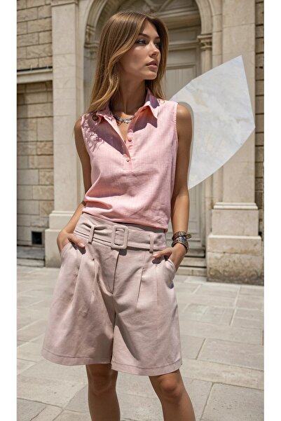 Pasaklı Giyim Γυναικεία μπλούζα από λινό με μισό κουμπί, μηδενικά μανίκια, μα...