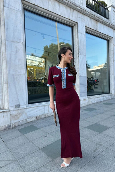 Lusin Γυναικείο μπορντό κομψό τζιν φόρεμα με λεπτομέρειες και κουμπιά (S/M)