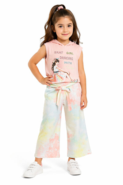 İrem Çocuk Giyim Girl's Tie-Dye Patterned Pants Hooded T-Shirt Powder Color T...