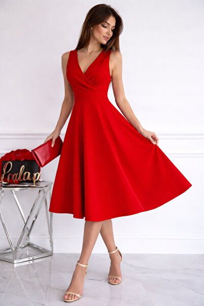 StilVibe Γυναικείο φόρεμα με λαιμόκοψη V από ύφασμα Zara Crepe, μήκους midi, ...