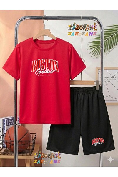 ZAROKANE Boston Text Printed Top and Shorts/T-Shirt Two-Piece Summer Kids' Set
