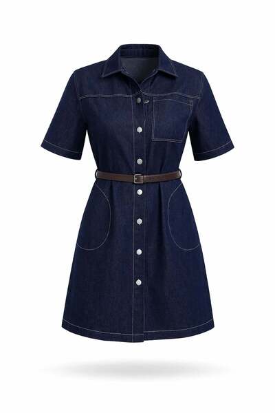 5in1Canpolat Ναυτικό μπλε τζιν φόρεμα με ζώνη και ραφές σε αντίθεση