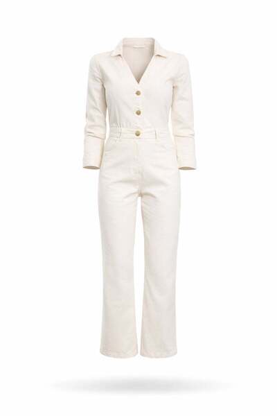 5in1Canpolat Μπεζ τζιν ολόσωμη φόρμα με γιακά πόλο