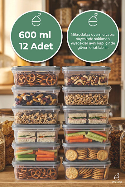 EVONİTA 12 Adet 600 ml Saklama Kabı Seti Kapaklı Plastik Buzdolabı Düzenleyic...