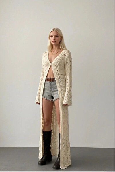 Lusin Γυναικεία Κρεμ Ζακέτα με Κουμπιά και Διάτρητο Ισπανικό Μακρύ Μανίκι (Νέ...