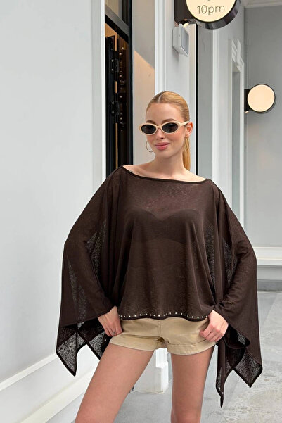 Lusin Women's Brown Stone Detailed Transparent Madonna Collar Asymmetrical Po...