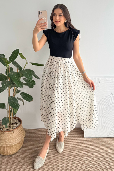 Noa&Noa Γυναικείο φόρεμα πουά – Φόρεμα μίντι με φούστα από σιφόν και επενδυμέ...