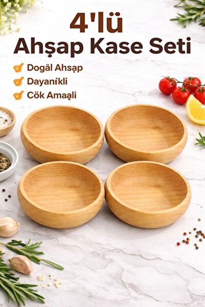 Markasız ucuz 4’lü Doğal Ahşap Kase Seti | El Yapımı Mini Sunumluk Çerez & So...