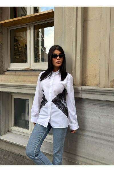 LB Laluna Butik Γυναικείο πουκάμισο με δαντέλα και λεπτομέρεια στη μέση