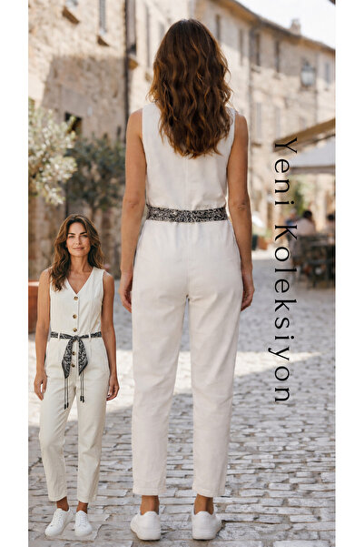 SOLİS MODA Women's Button Detailed Sleeveless Cotton Jumpsuit