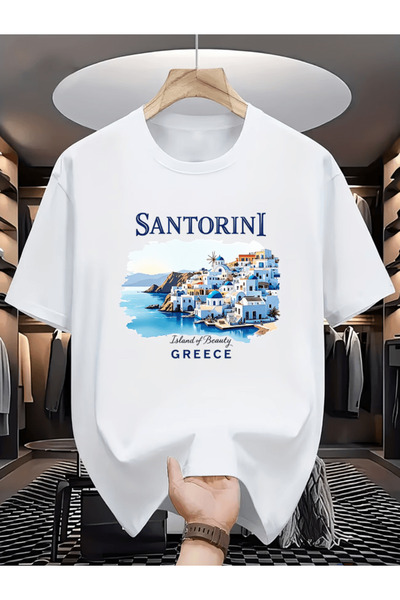 gencerco Μπλουζάκι Premium Oversize με στάμπα  "Μπέι Σαντορίνη, Νησί της Ομορ...