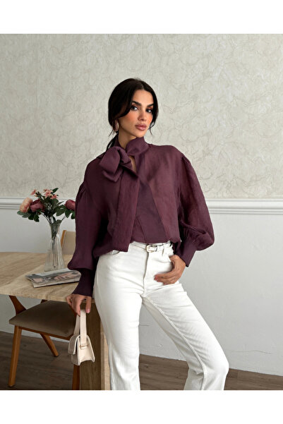 FEMMESTUDIO Γυναικεία Μπλούζα με Φουλάρι σε χρώμα Δαμασκηνί