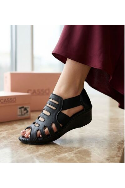 Daloğlu Μαύρα γυναικεία σανδάλια από γνήσιο δέρμα, ορθοπεδικά, άνετα, με ενισ...