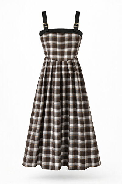 HAZELANNA Καρό Καφέ Μίντι Φόρεμα με Τιράντες
