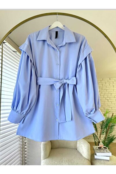 by nursel çiçek Women's Trendy Sleeves Pleated Belted Shirt