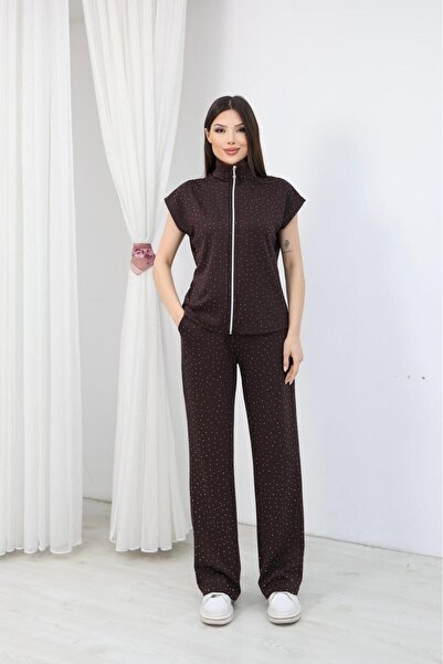 OTAKU Stone Embellished Zippered High-Neck Vest and Pants Comfortable Fit Sum...