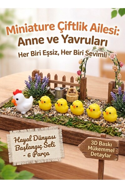 TARIK HOME 3D Baskı Mini Figür Seti - Anne Tavuk ve 5 Civciv Dekoratif Koleks...