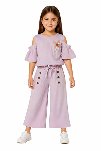 İrem Çocuk Giyim Girl's Buttoned Shoulder Detail Badi Wide Leg Capri Powder C...