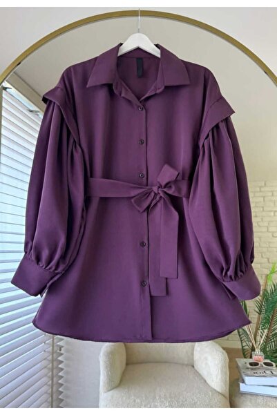 by nursel çiçek Women's Trendy Sleeves Pleated Belted Shirt