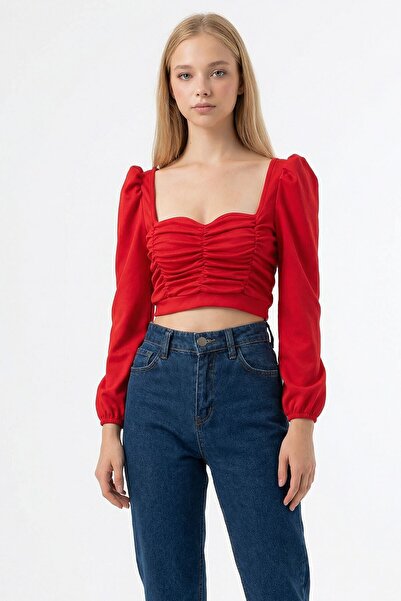 bacc Κόκκινη μπλούζα με τετράγωνο γιακά και ντραπέ μπροστά, με μανίκια πριγκί...