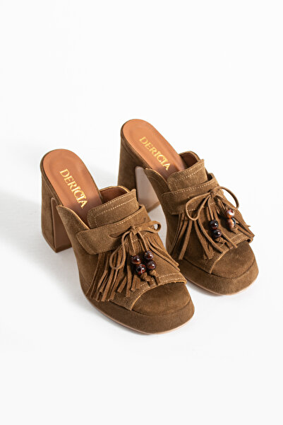dericia shoes Summery Hakiki Deri Süet Kadın Yüksek Topuklu Terlik