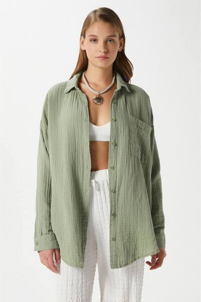 mayrem Kadın Müslin Kumaş Oversize Uzun Kollu Gömlek