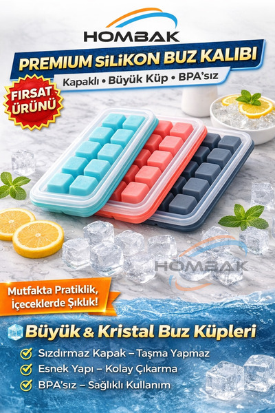 Hombak Kapaklı Silikon Buz Kalıbı – Tek Dokunuşla Kolay Çıkarma, Büyük Küp, B...
