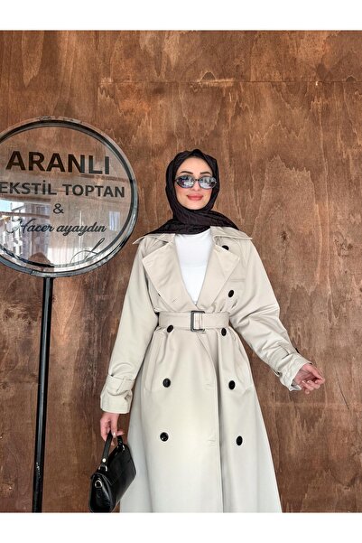 Aranlı tekstil KRUVAZE YAKA SEYYAR KUŞAKLI DÜĞMELİ KADIN TRENÇKOT