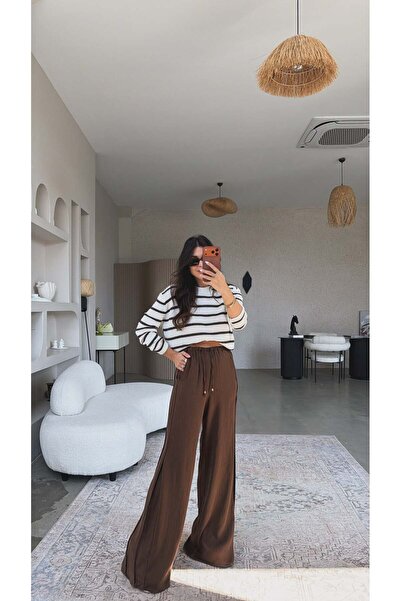 Buket Teke Καφέ Μεταξωτό Παντελόνι με Λεπτομέρεια στο Πλάι και Ελαστικό Τελεί...