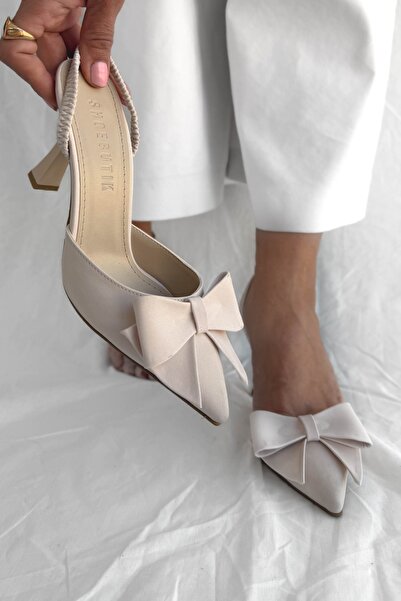 Shoebutik Fiorin Beige Satin Ribbon Detail Women's Heeled Shoes