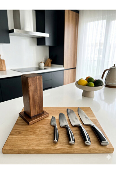 novaliz home GGS Solingen 4'lü Santoku Şef Bıçağı Seti & Döner Ahşap Standlı