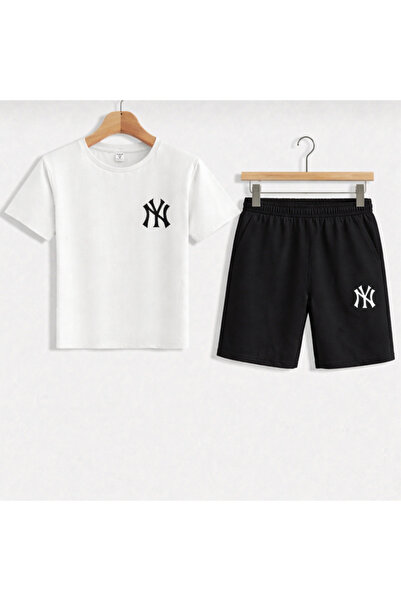 MESALİNE KİDS Boy-Girl "Ny White" Printed T-Shirt-Shorts Set