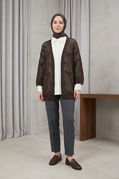 MODAQU Bow Pattern Knitwear Openwork Cardigan - Dark Brown