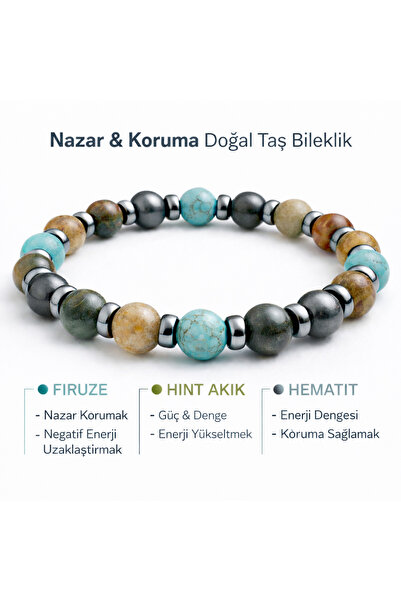 Nazar & Koruma Doğal Taş Bileklik – Firuze, Hint Akik ve Hematit