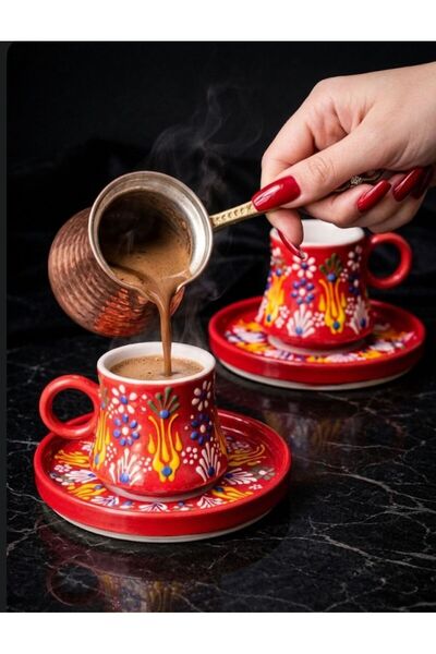 Si Sorti Ceramics El Yapımı Çini Desenli Türk Kahvesi Fincanı 2'li Set